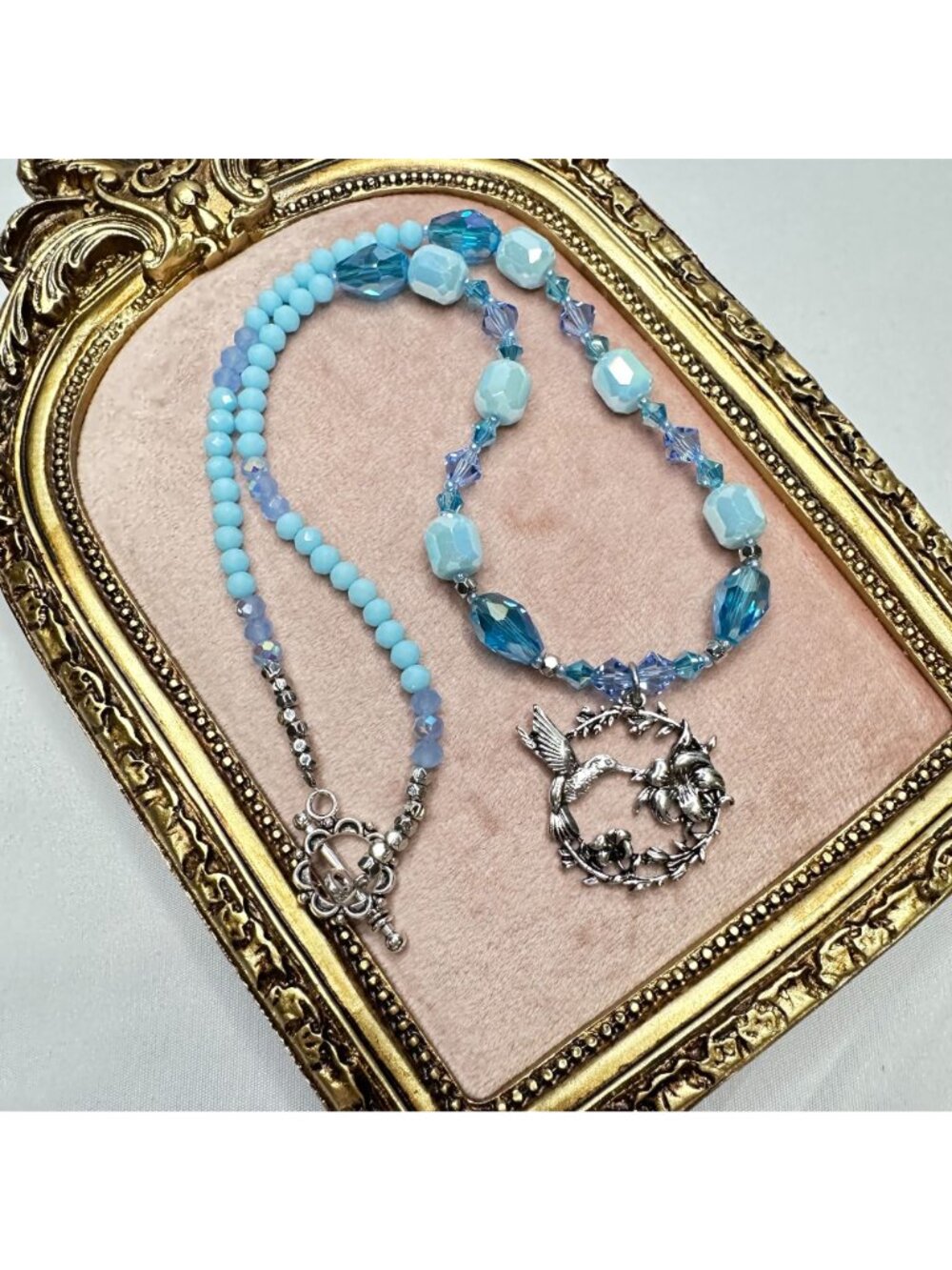 Handmade Hummingbird Pendant Necklace 17" Austrian Crystals & Czech Glass Beads - Picture 2 of 2